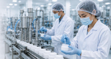 Cosmetic manufacturing workers in a clean-room facility